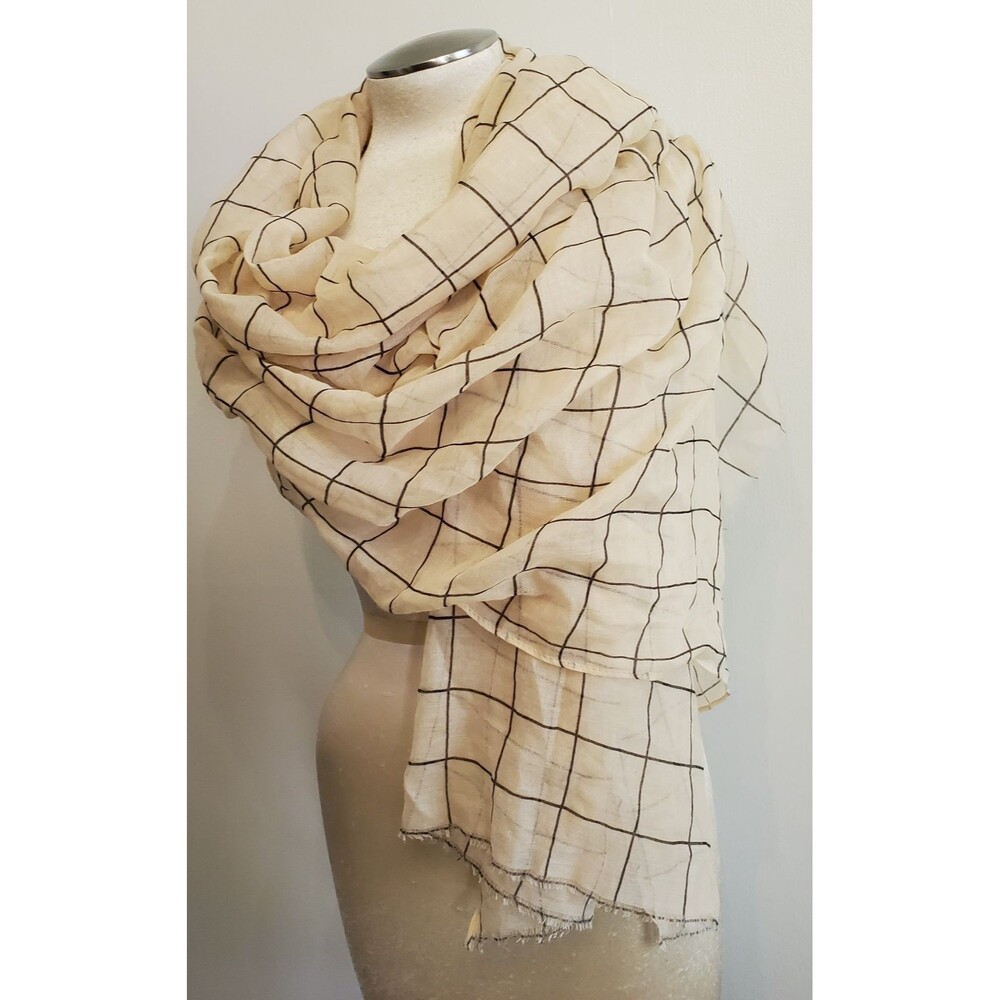Rachel Pally Scarf Wrap Shawl Cream Black Windowpane Grid 70x32" Lightweight